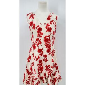 Rebecca Taylor Scarlet White Red Floral Linen Dress Embroidered Ruffle  10 NWT